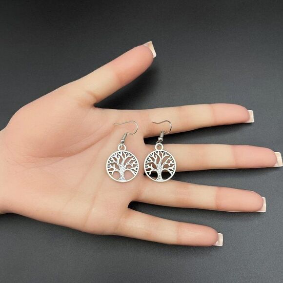 Silver Round Boho Style Intricate Tree of Life Dangling Drop Hook Earrings - Picture 9 of 9